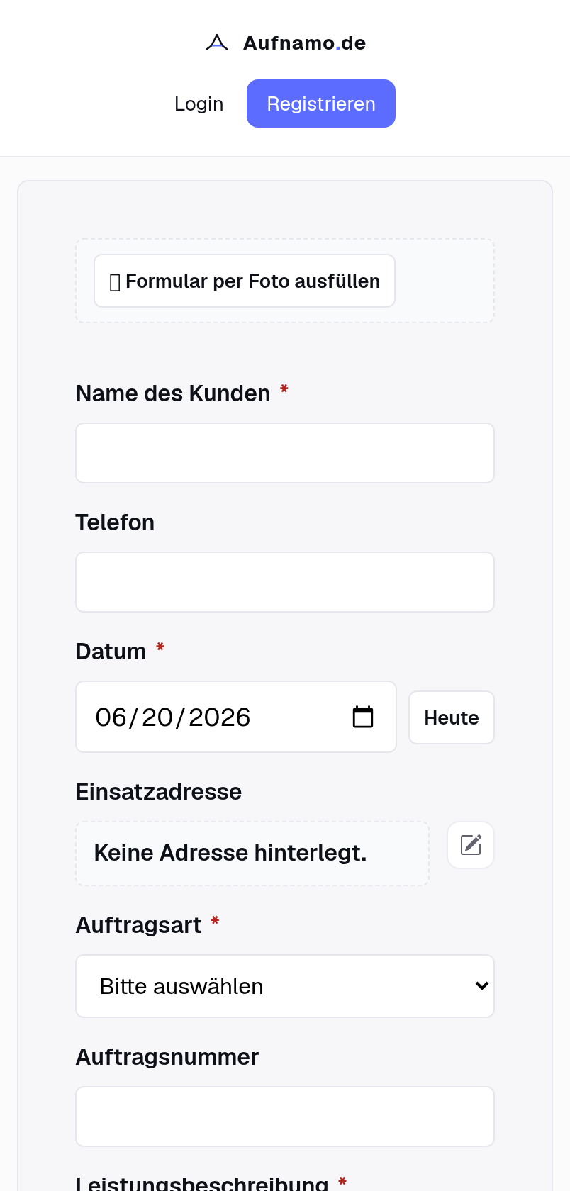 Öffentliches Aufnamo-Formular auf dem Smartphone mit Foto-Autofill und digitaler Unterschrift.