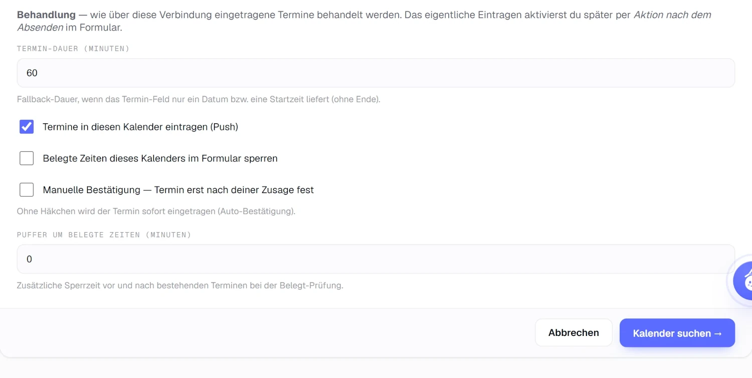 Die Behandlungs-Einstellungen einer Kalender-Verbindung