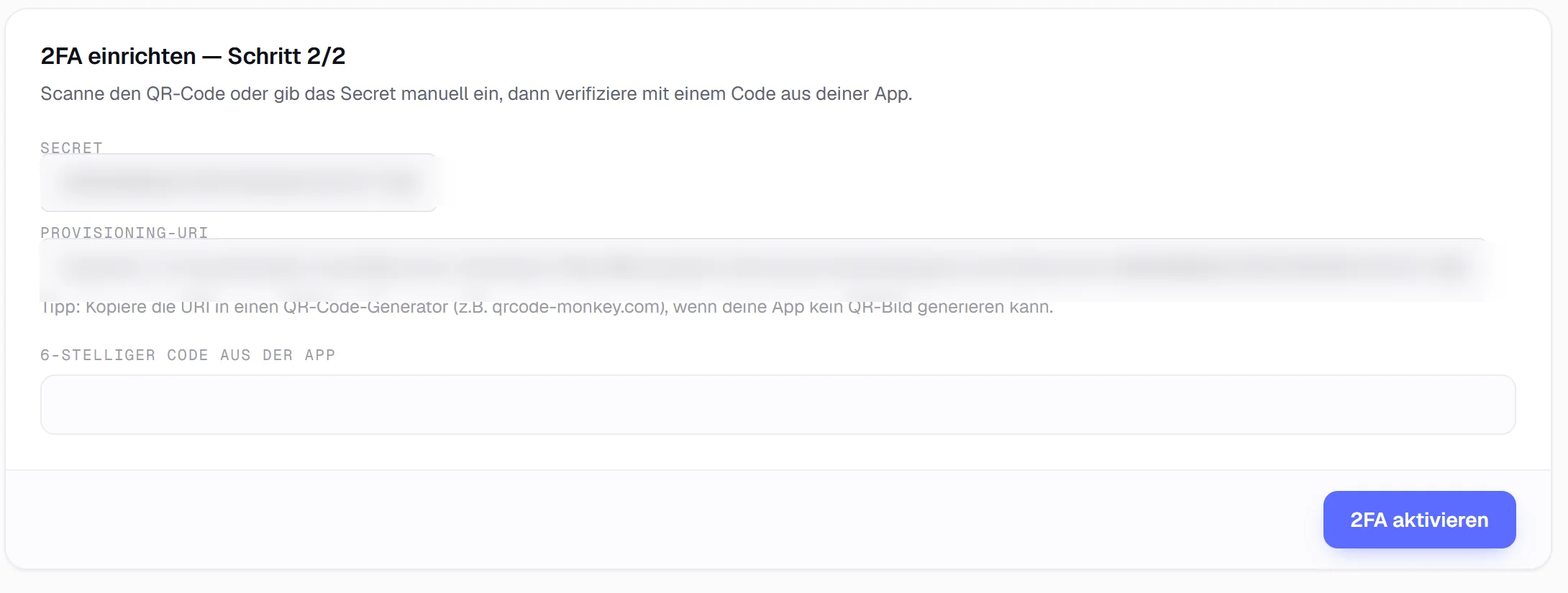Die 2FA-Einrichtung mit Secret und Provisioning-URI