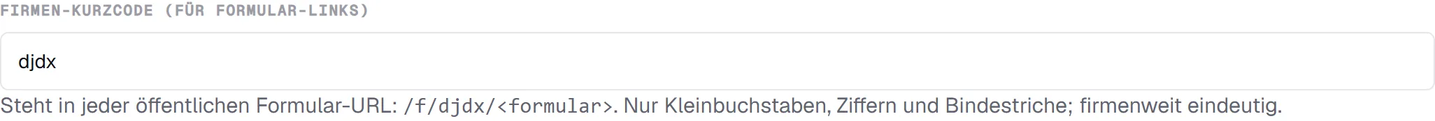 Der Firmen-Kurzcode in den Firmen-Einstellungen