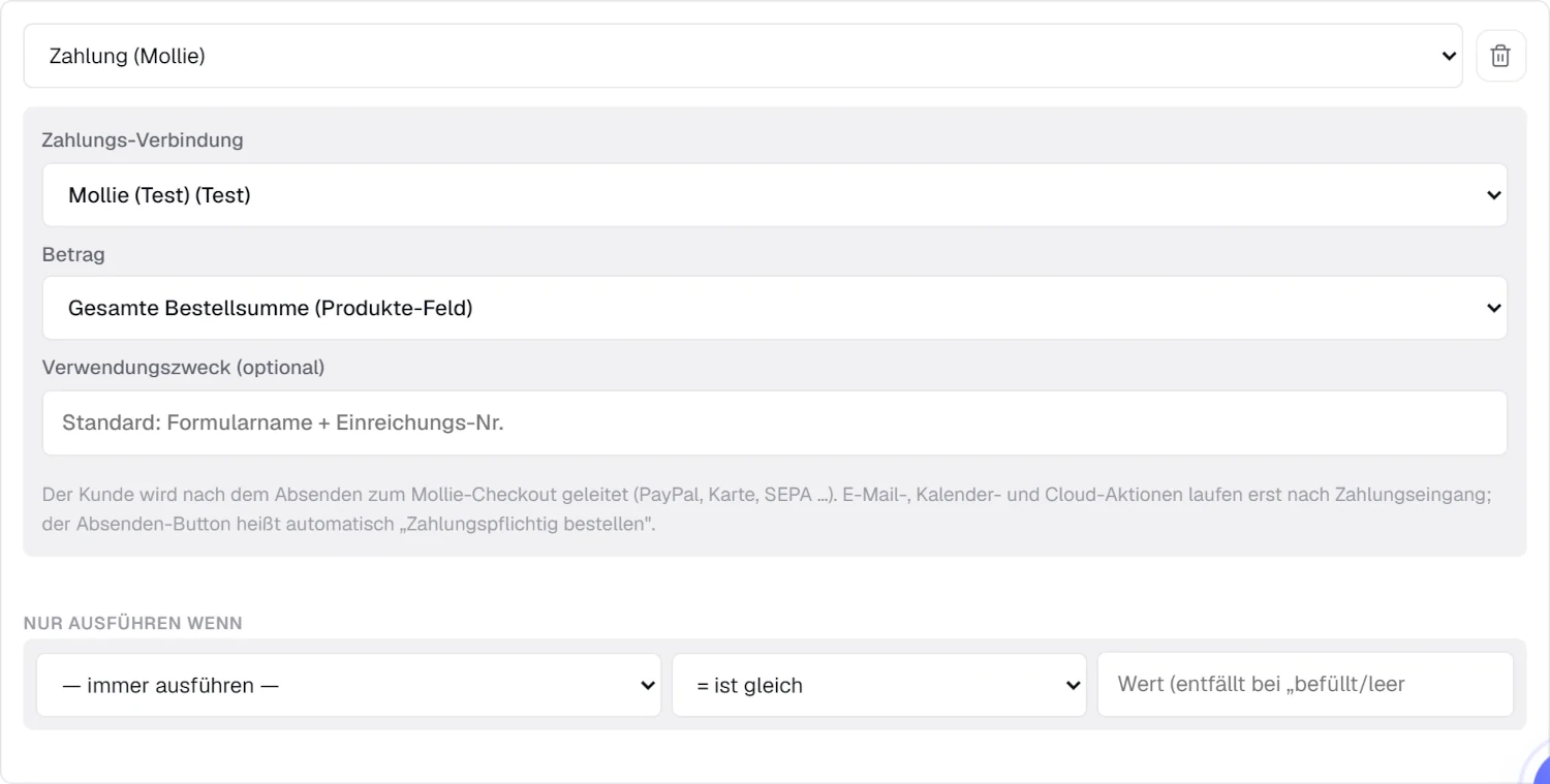 Die Konfiguration der Zahlungs-Aktion im Formular-Editor