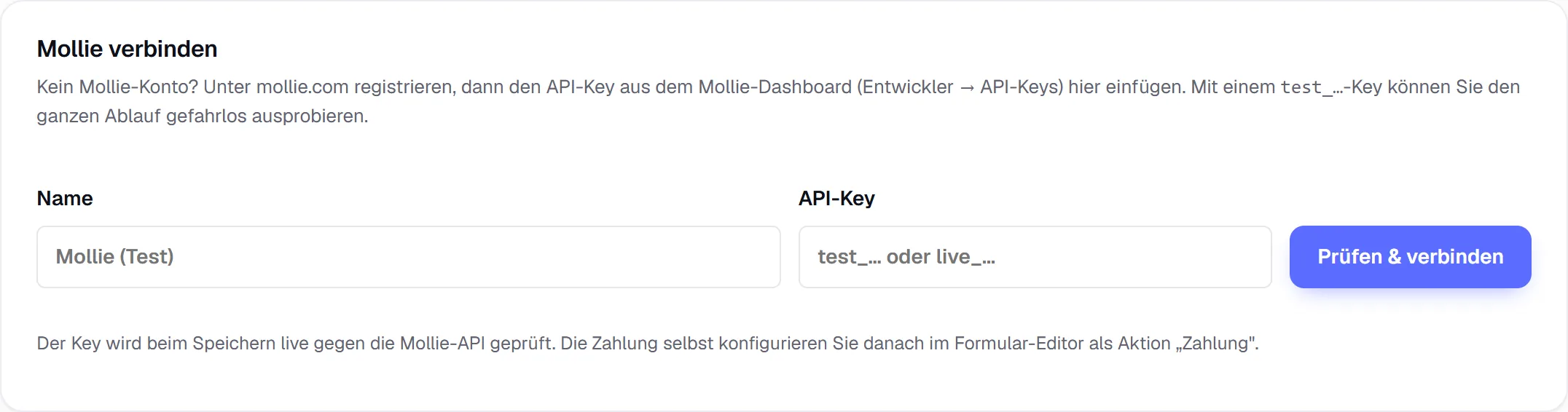 Das Mollie-Verbinden-Feld mit Name und API-Key