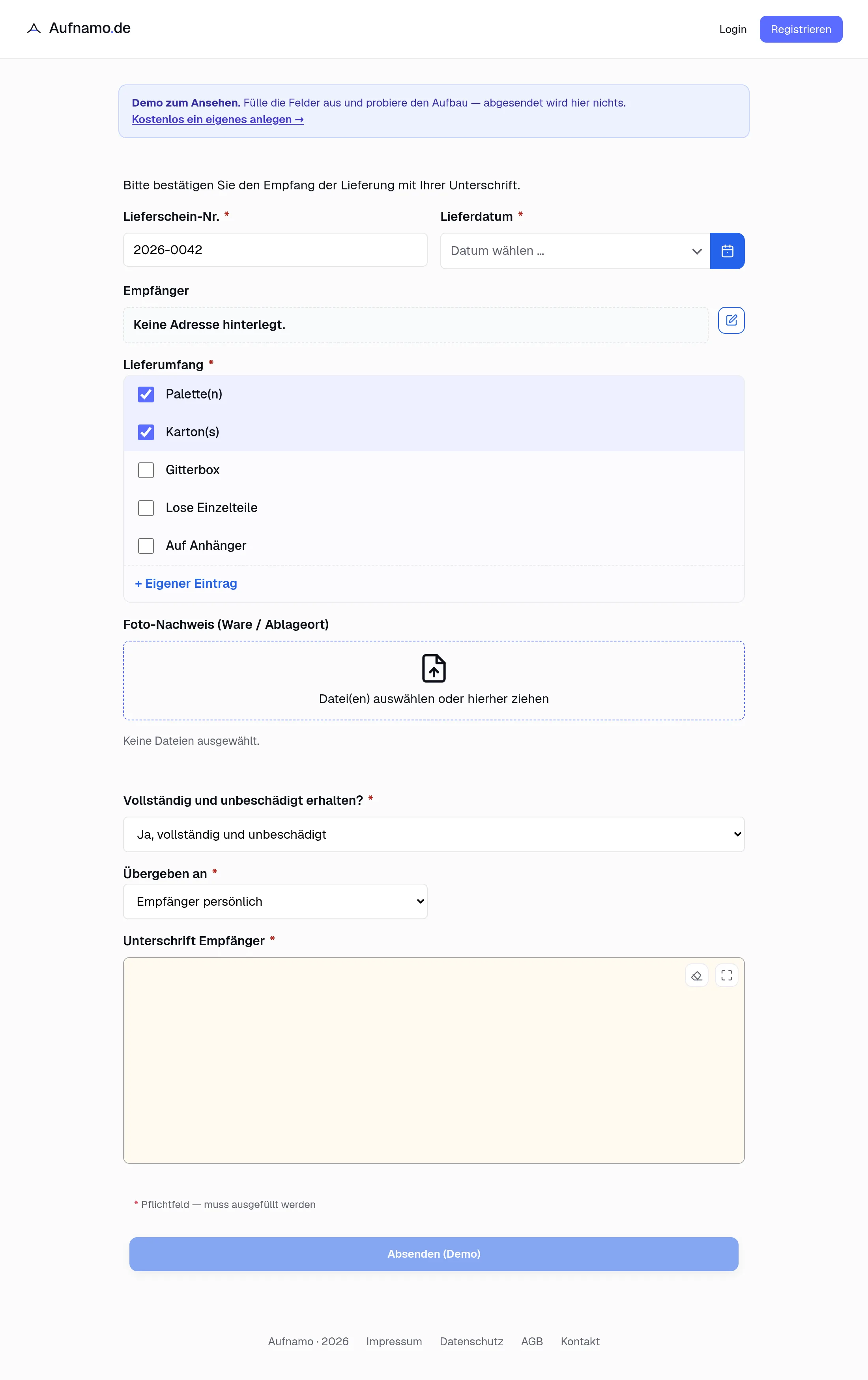Das ausgefüllte Formular auf dem Tablet.