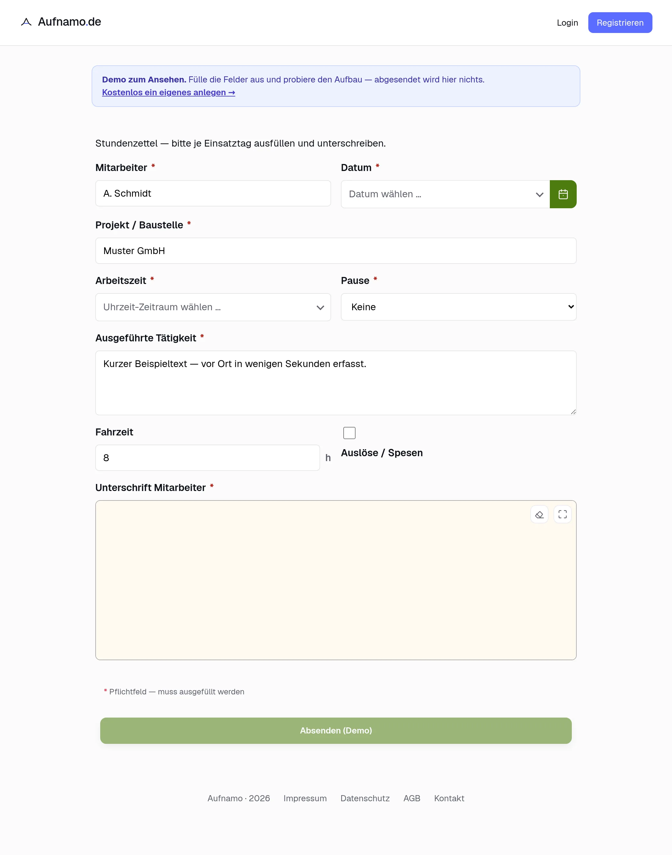 Das ausgefüllte Formular auf dem Tablet.