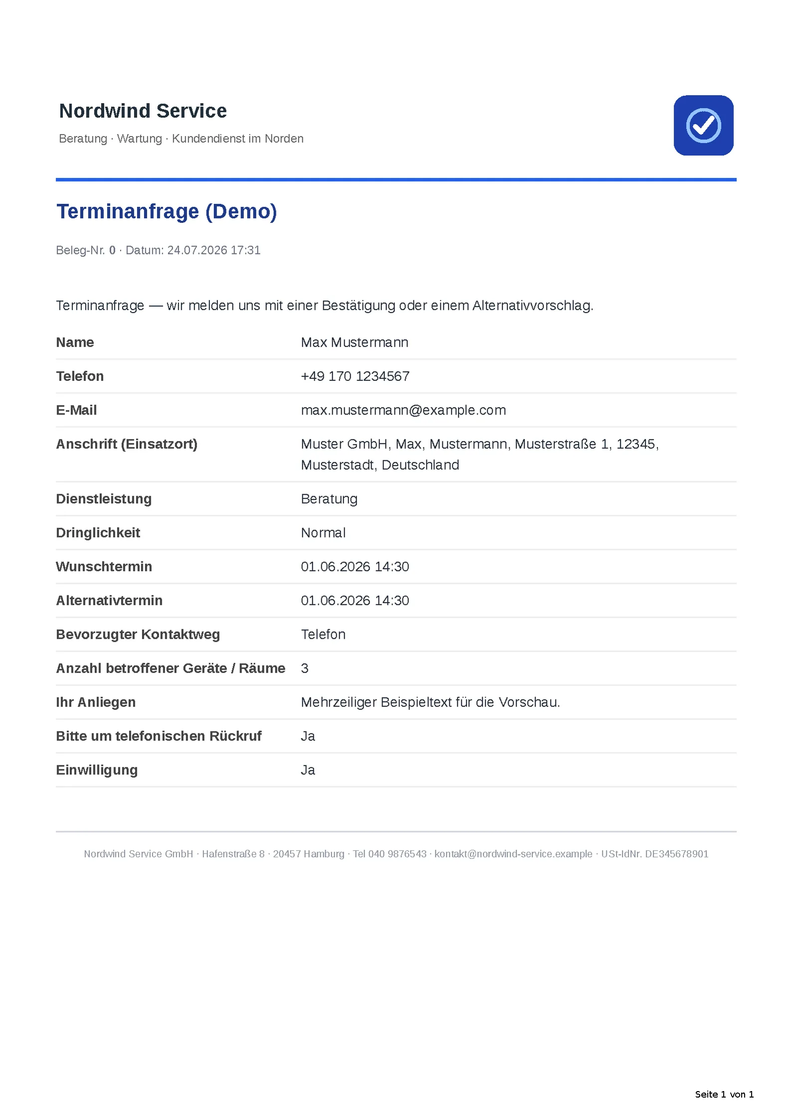 Das automatisch erzeugte PDF-Dokument.