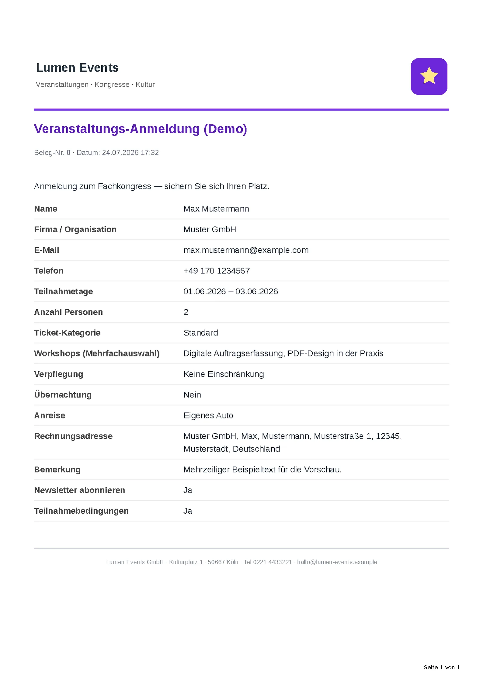 Das automatisch erzeugte PDF-Dokument.